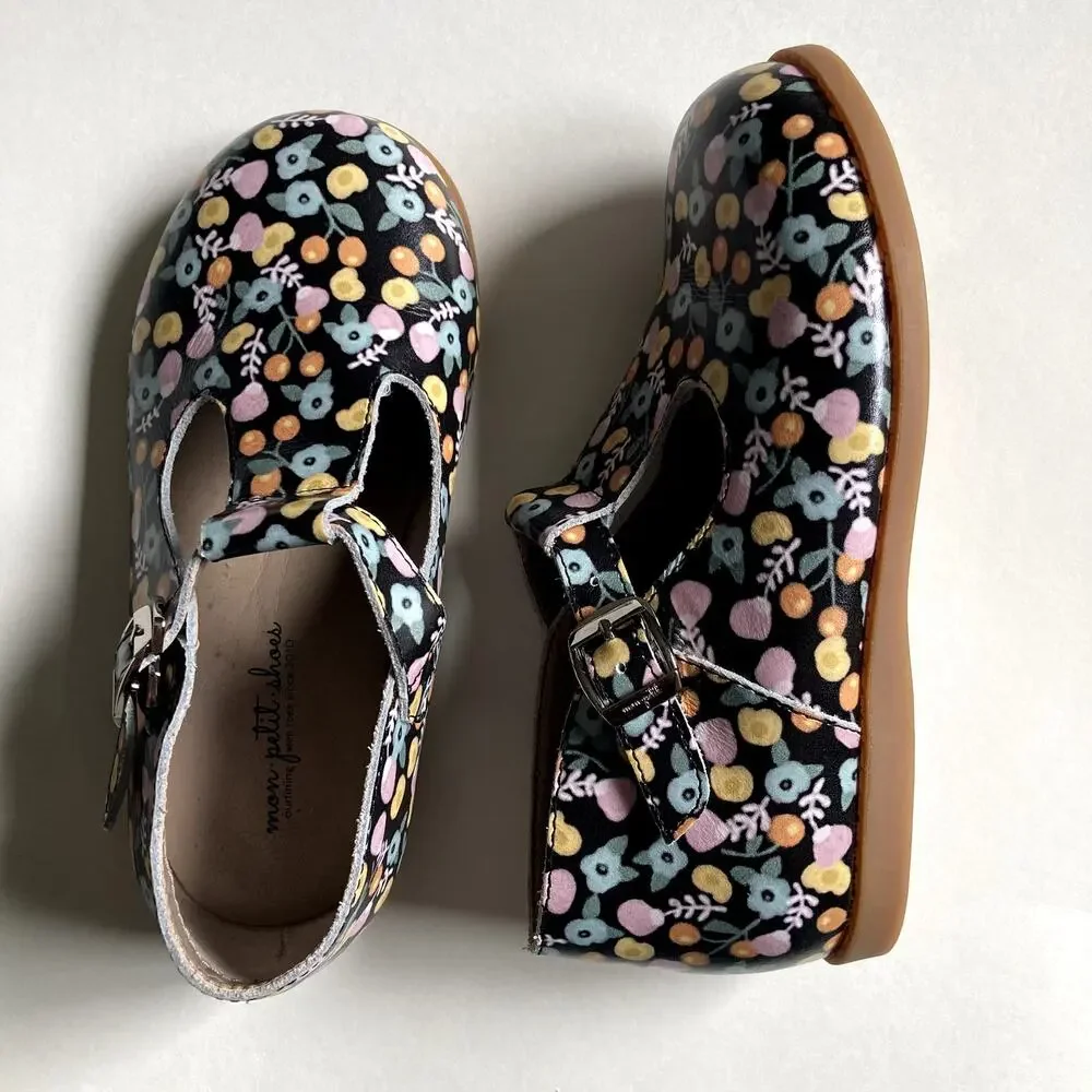 Mon Petit Shoes Hard Sole T-Strap Shoes - Marigold Floral - 12